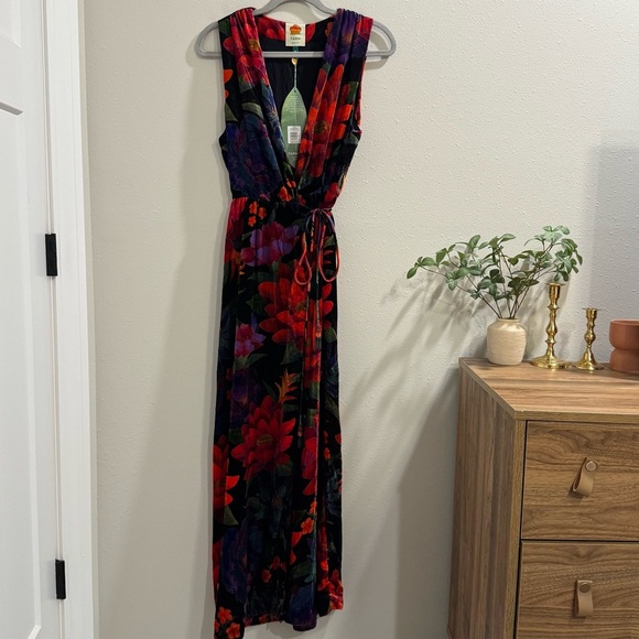 Farm Rio Medium Flower Season Black Wrap Maxi Velvet Dress Wedding Formal Party - Picture 2 of 9